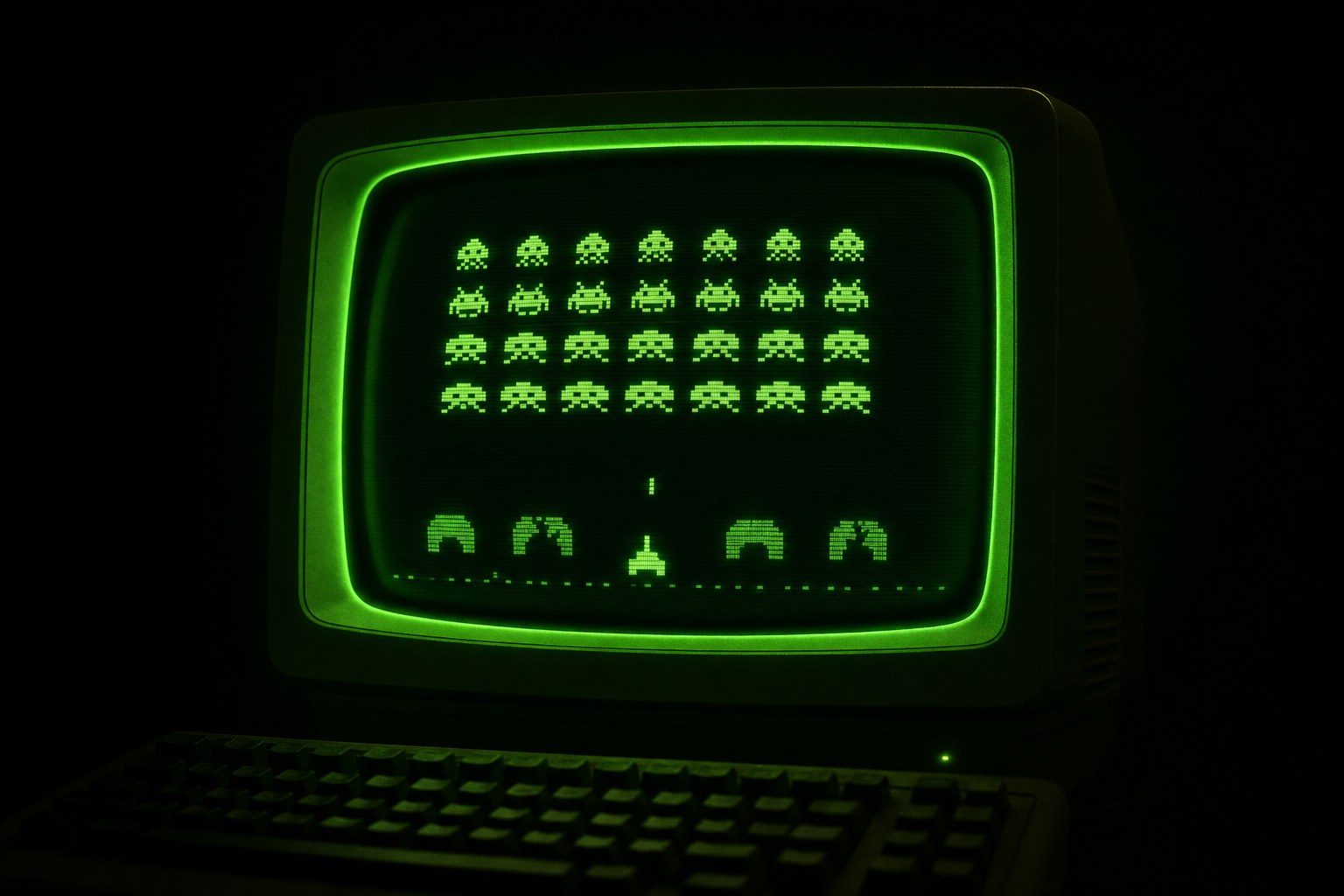 Pixel-art fantasy console artwork: a glowing green-phosphor CRT display showing retro sprite characters, evoking spriteCart's browser fantasy console